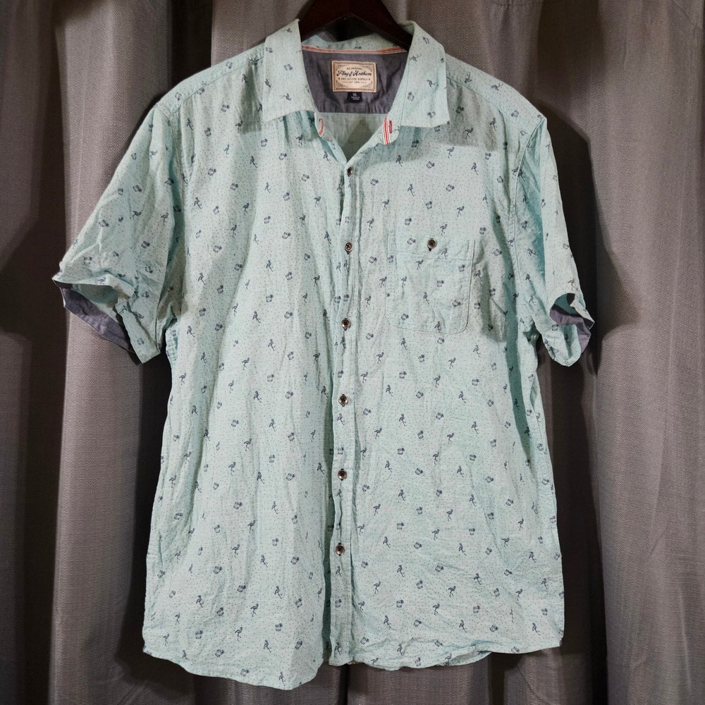 Flag & Anthem Mens XL Short Sleeve Flamingo Cocktail Button Down Blue Teal Shirt